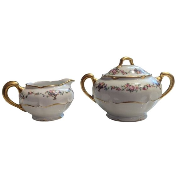 Haviland & Co Limoges Cream Sugar Bowl Gold Handles Bouquet Urn - Picture 3 of 16